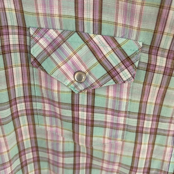 Wrangler Wrancher Pearl Button Snap Light Green Purple Plaid Western Shirt L - Picture 4 of 9